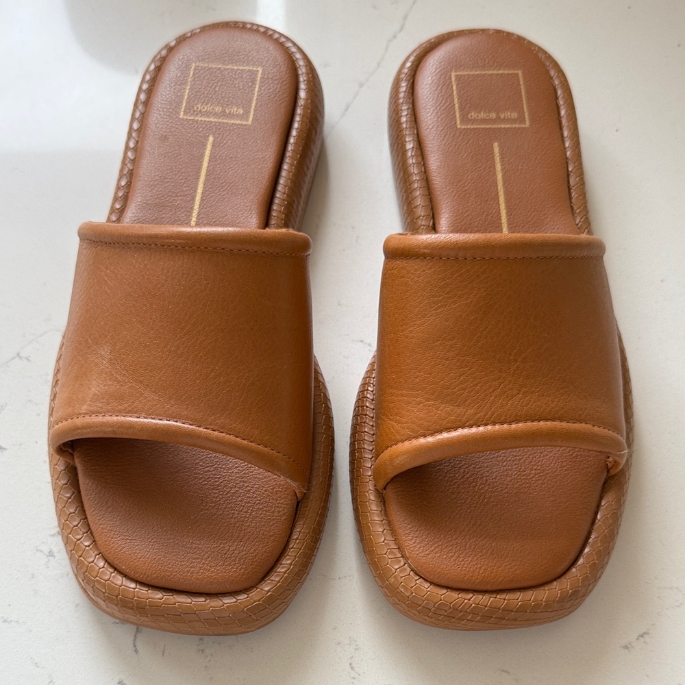 Dolce Vita Tan Leather Slide Sandals